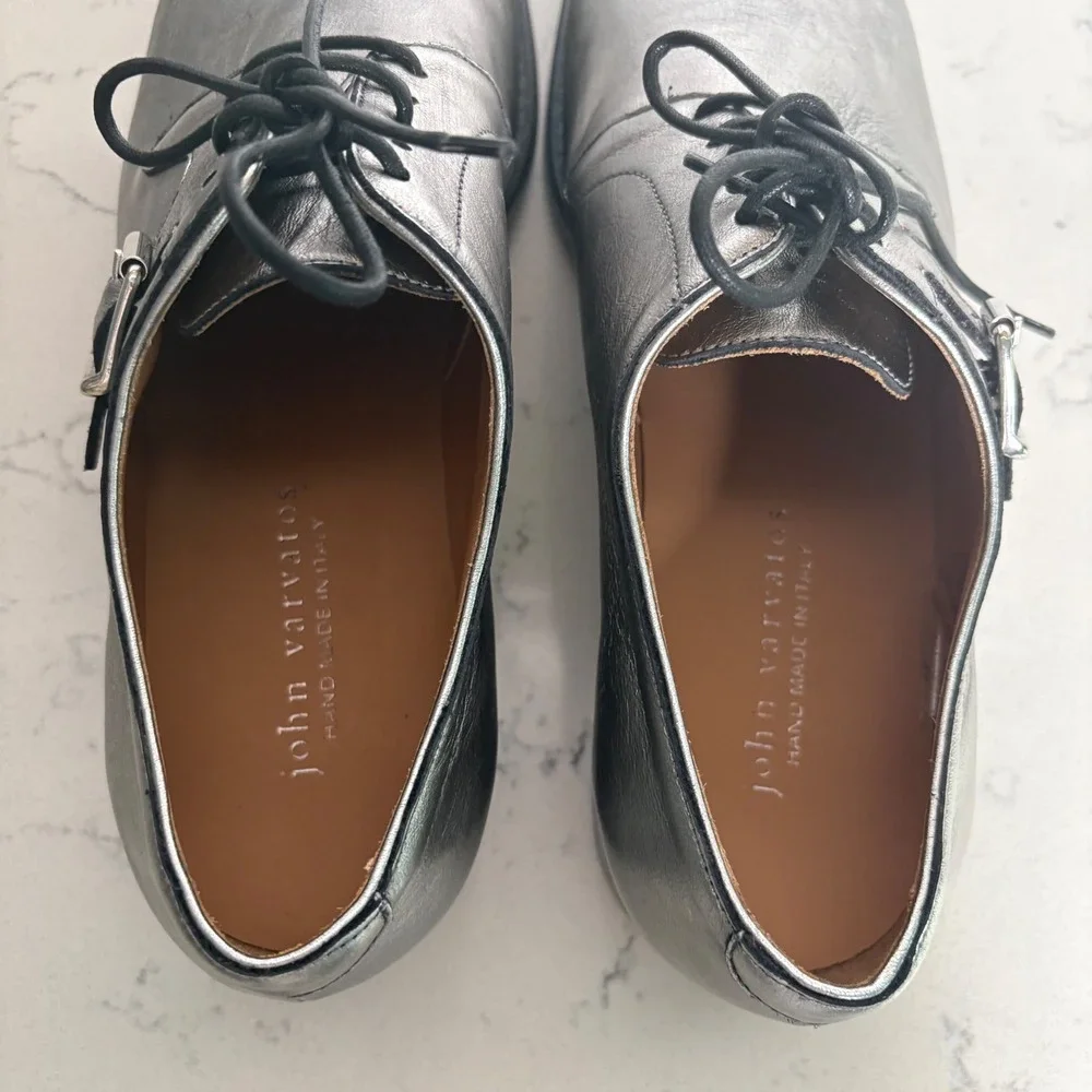 John Varvatos Mens Metallic Silver Leather Derby Buckle Shoes Size 11
